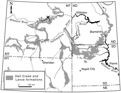 Map of Hell Creek and Lance Formations